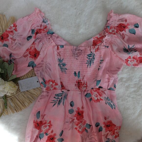NSR Pink Floral Satin Dress Front Tie Smocked Back Dress Size Medium NWT - Picture 9 of 9